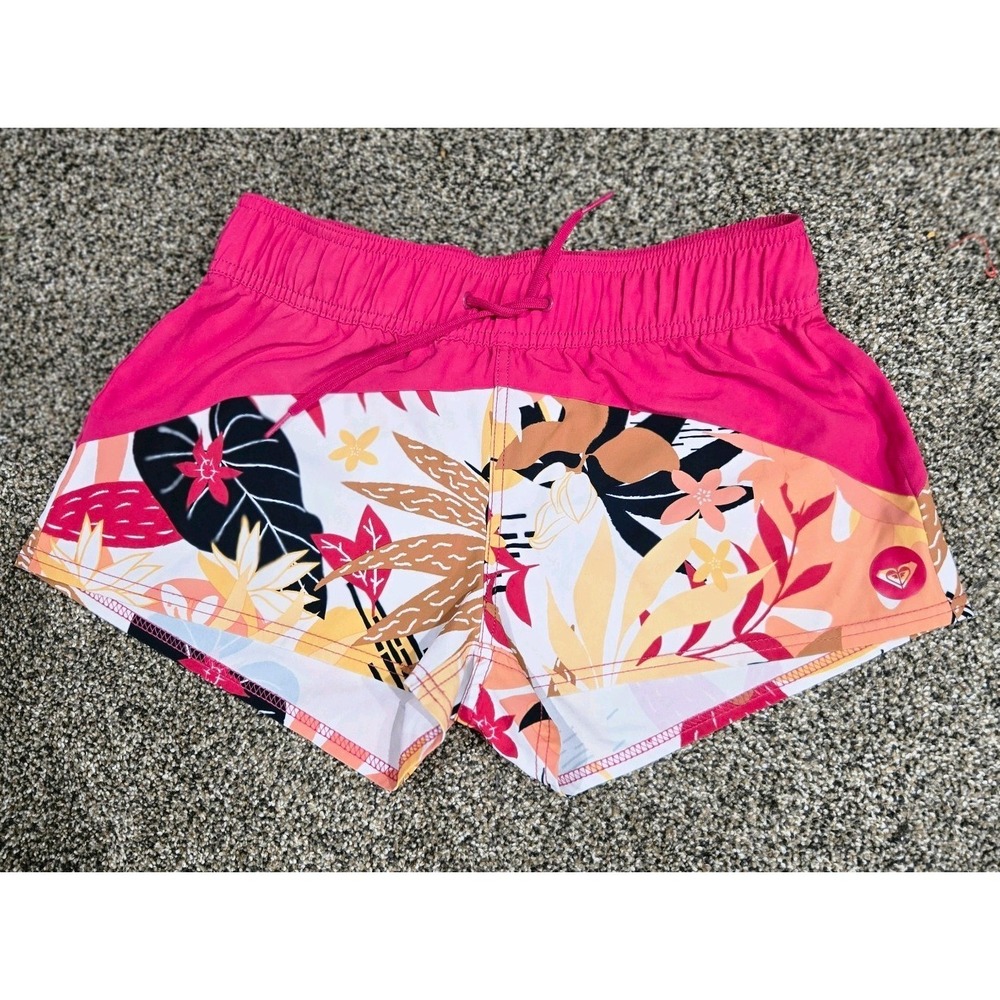ROXY Cut Off Shorts Pink Multicolor Floral Drawstring Elastic Waist Women XS
